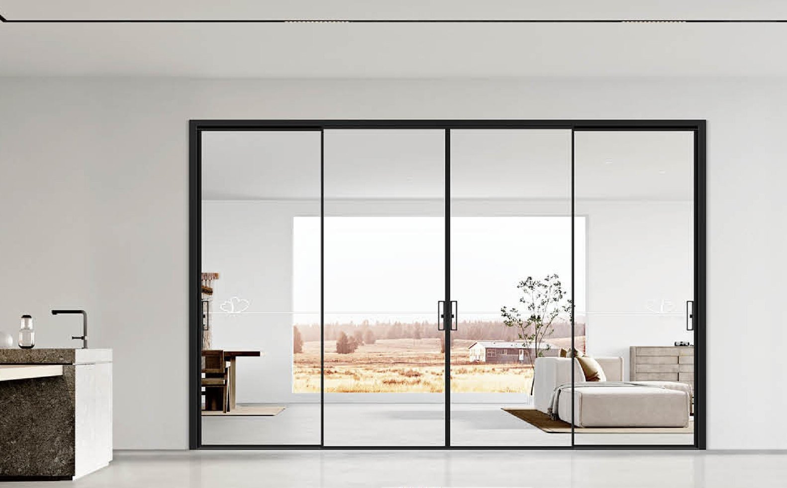 Black-framed sliding glass wall between an interior and a wide landscape