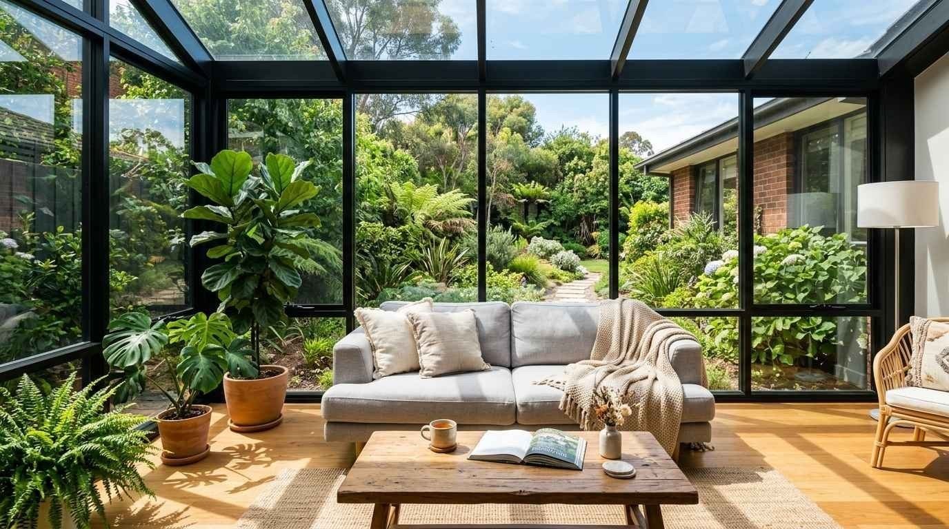 Glass sunroom with black aluminium frames opening onto a lush garden