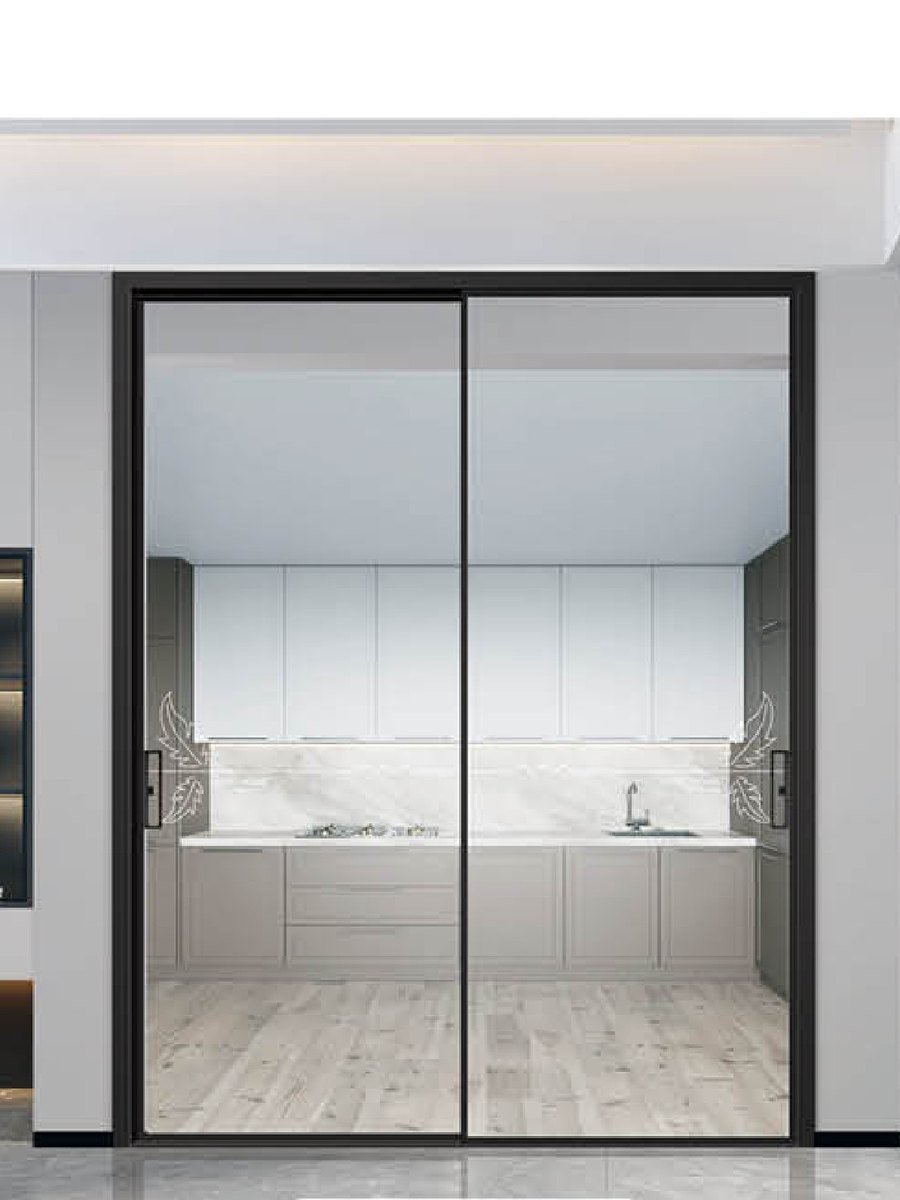 Tall dark-framed glass entry door in a bright minimalist interior