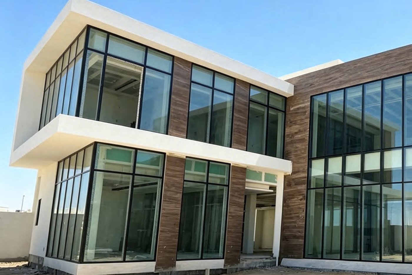 A stone-clad villa in Dammam with an exposed-frame curtain wall and dark-framed glazing above a paved forecourt