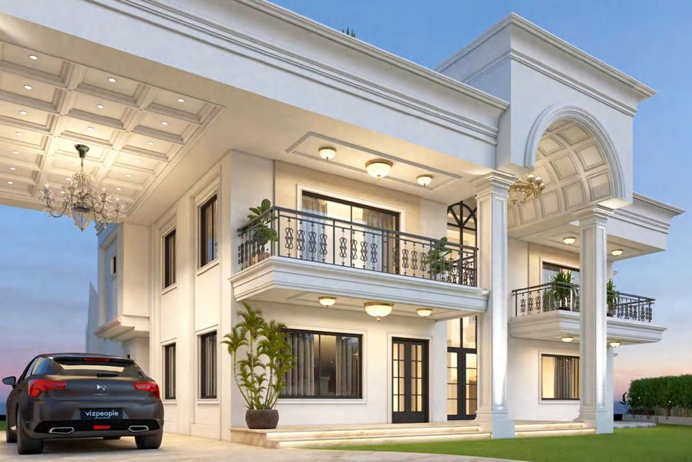 A white villa in New Delhi with deep verandahs, a colonnaded porch and dark-framed sliding glazing