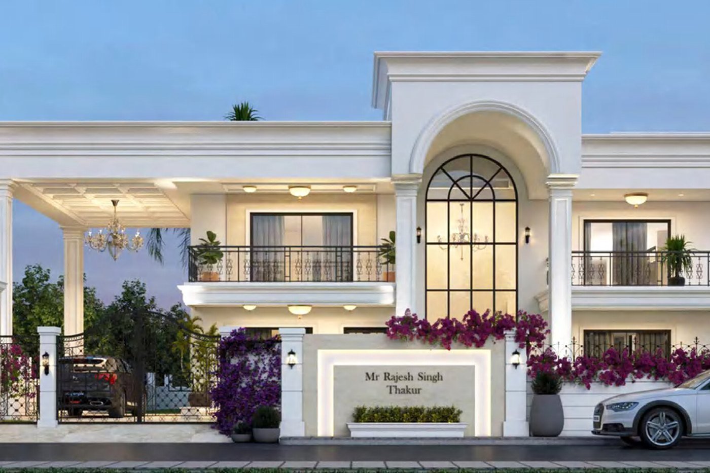 A white villa in New Delhi with deep verandahs, a colonnaded porch and dark-framed sliding glazing