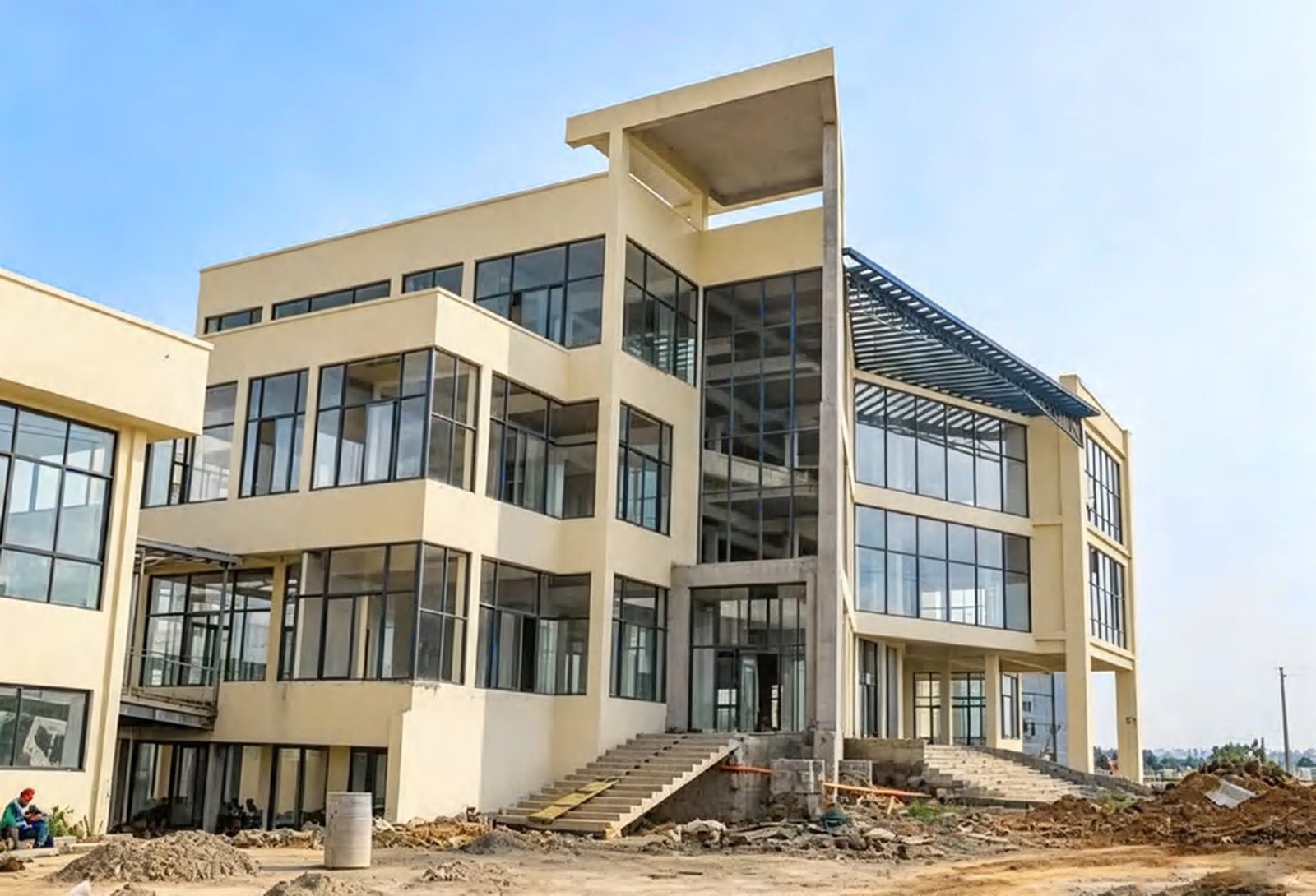 A three-storey building in Conakry with a stepped glazed corner and rendered panels above a shaded ground floor