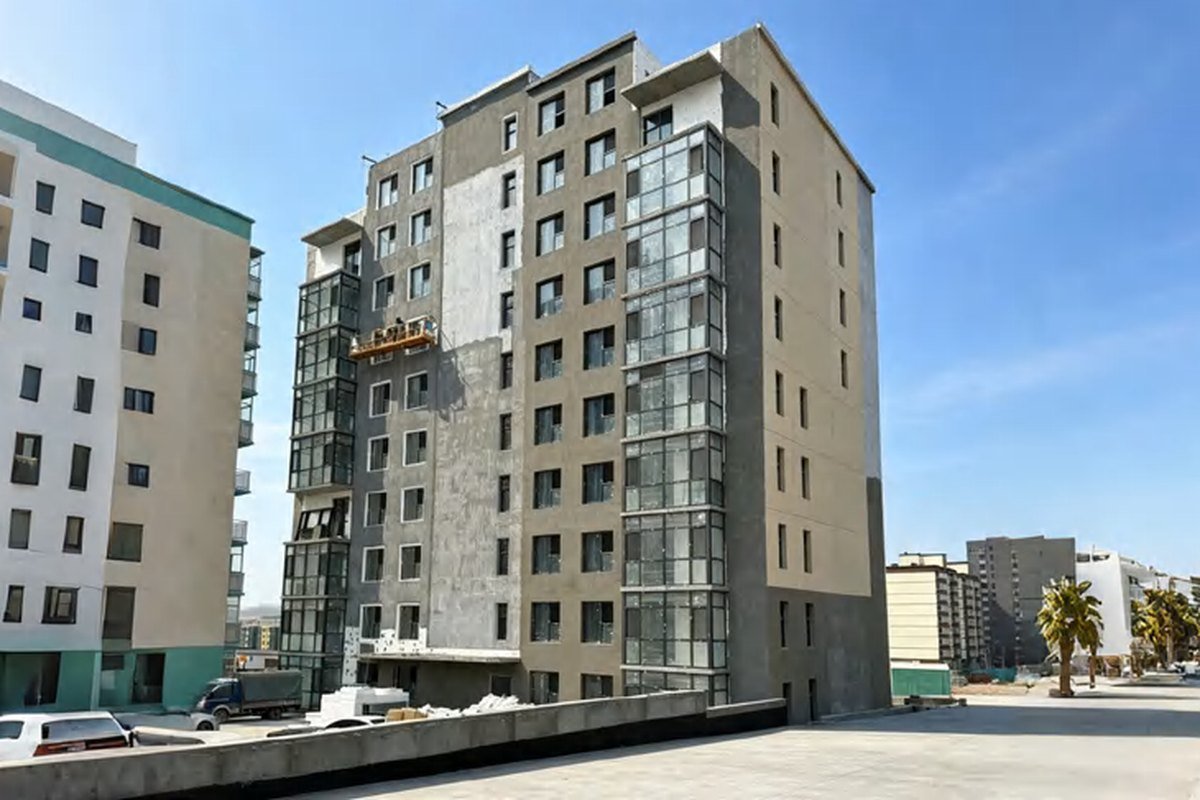 A multi-storey apartment residence in Mongolia with repeated dark-framed casement window bays