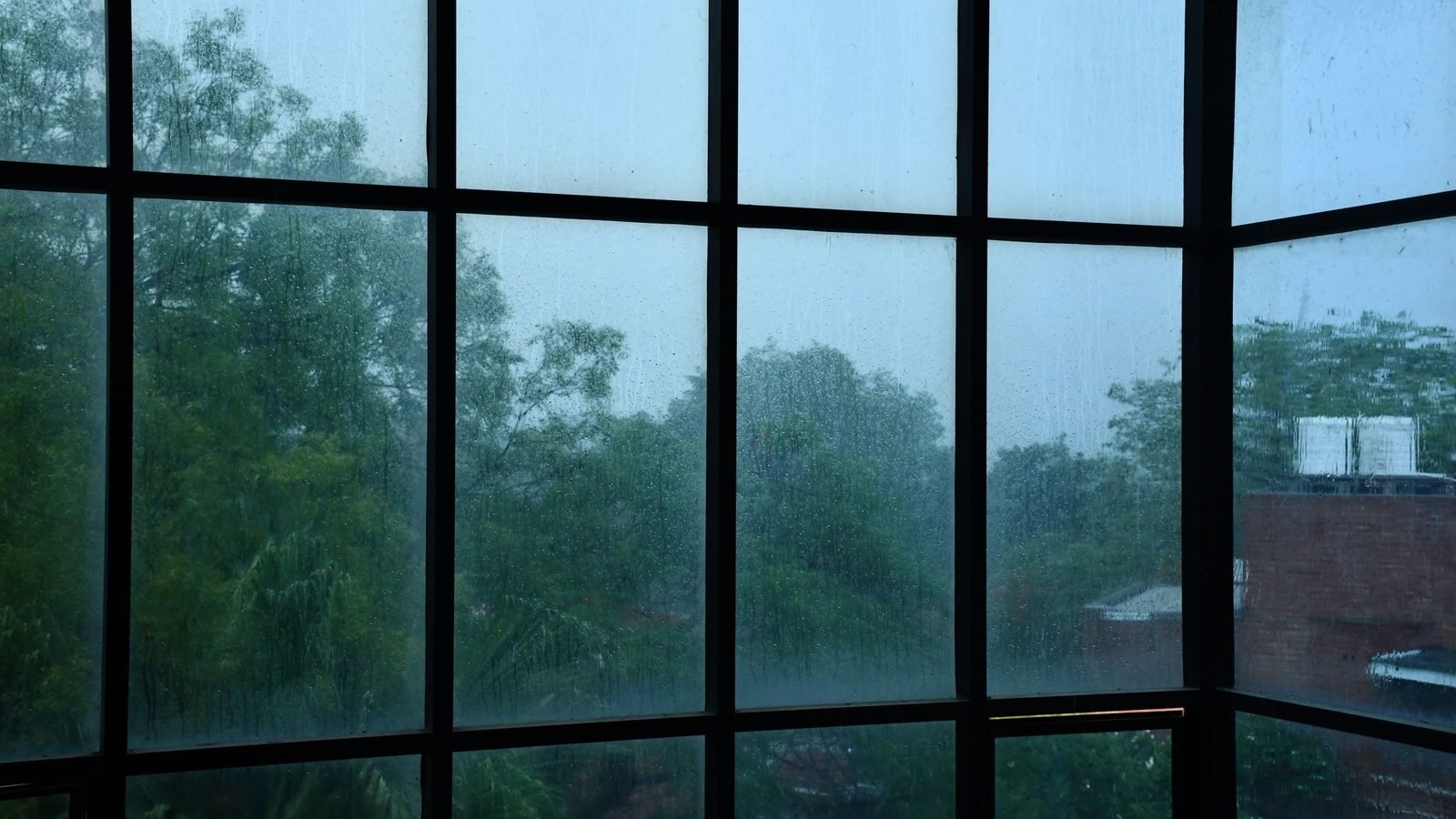Wall of repeated glazed panes in heavy rain, frame lines vertical against a wet garden