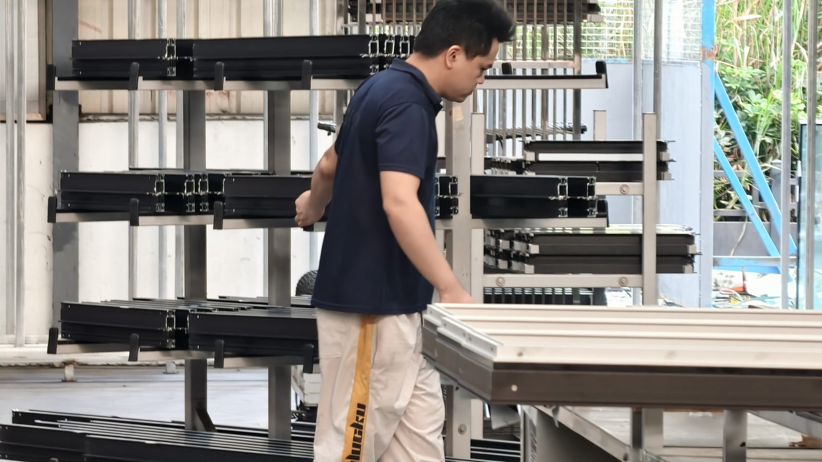Worker walking a row of stacked finished window frames in the assembly hall