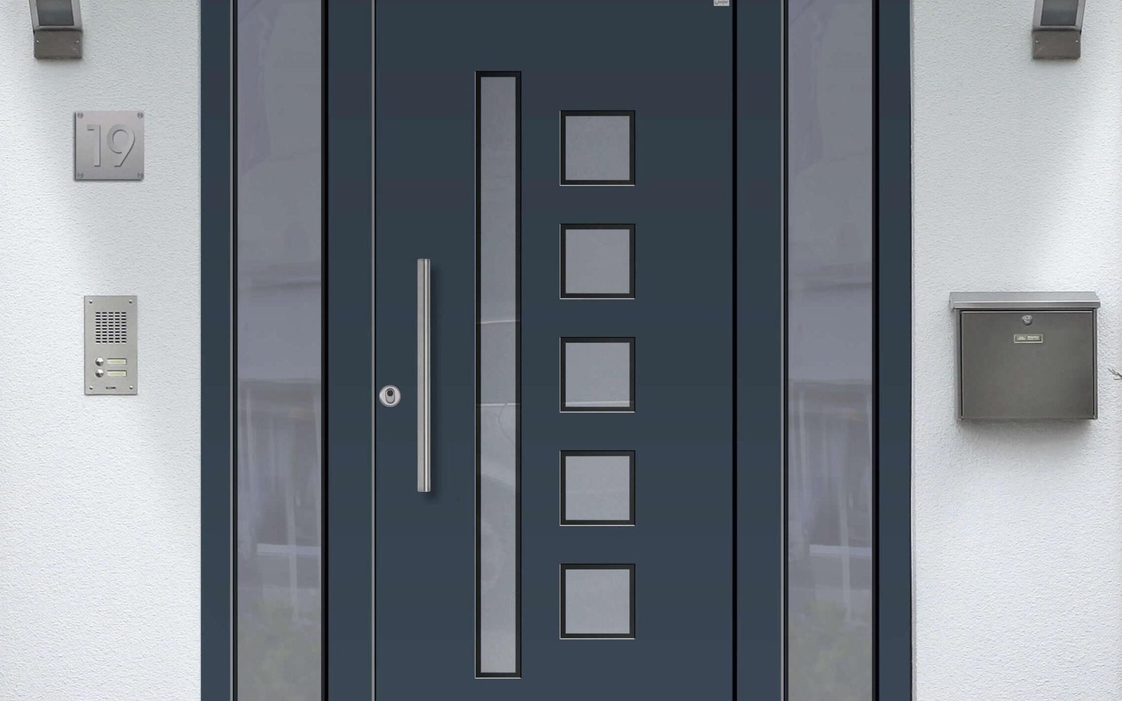 Charcoal double exterior door on a modern entrance