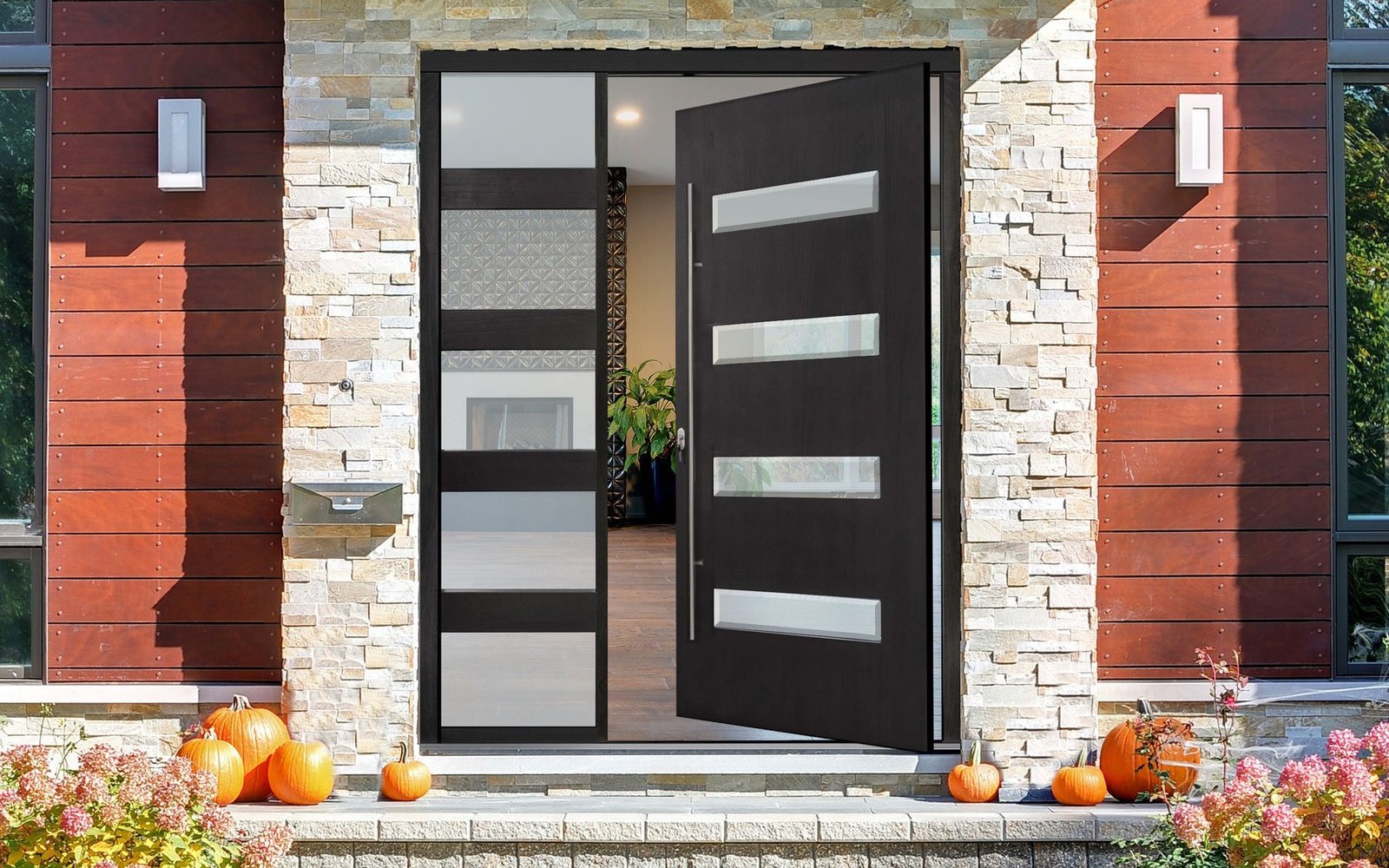 Black-framed glazed entry door with a modern lock set