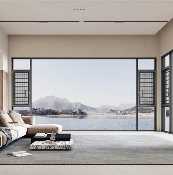 Acoustic glazing wall of a modern residence overlooking a lake and hills