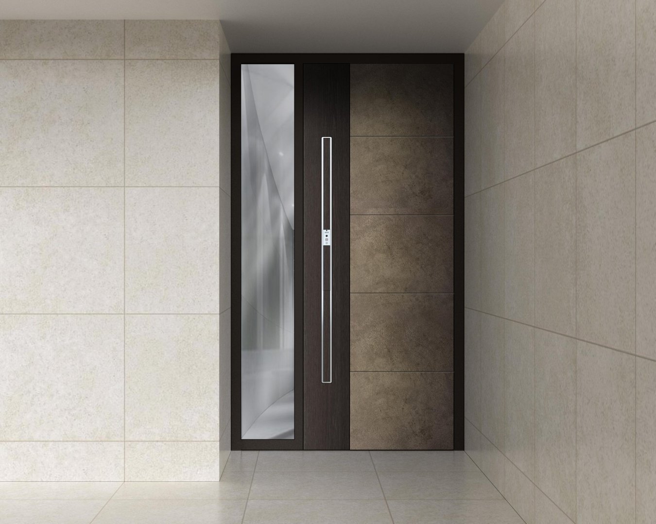 Solid aluminium entry door with fluted sidelight on a stone residential porch (design rendering)