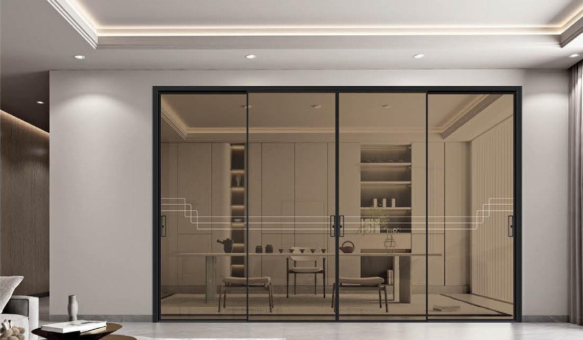 Large lift slide glass wall opening the living room to a terrace