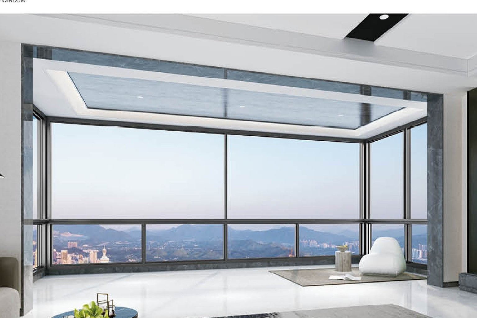 Full-height panoramic fixed glazing with a mountain view