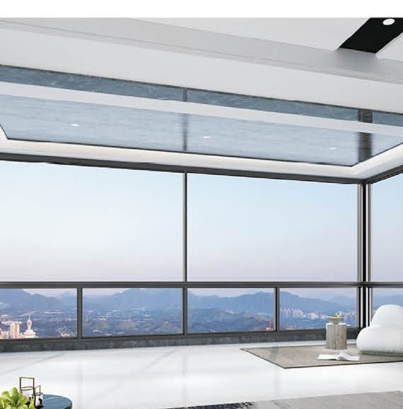 Motorized glass wall of a modern home at dusk