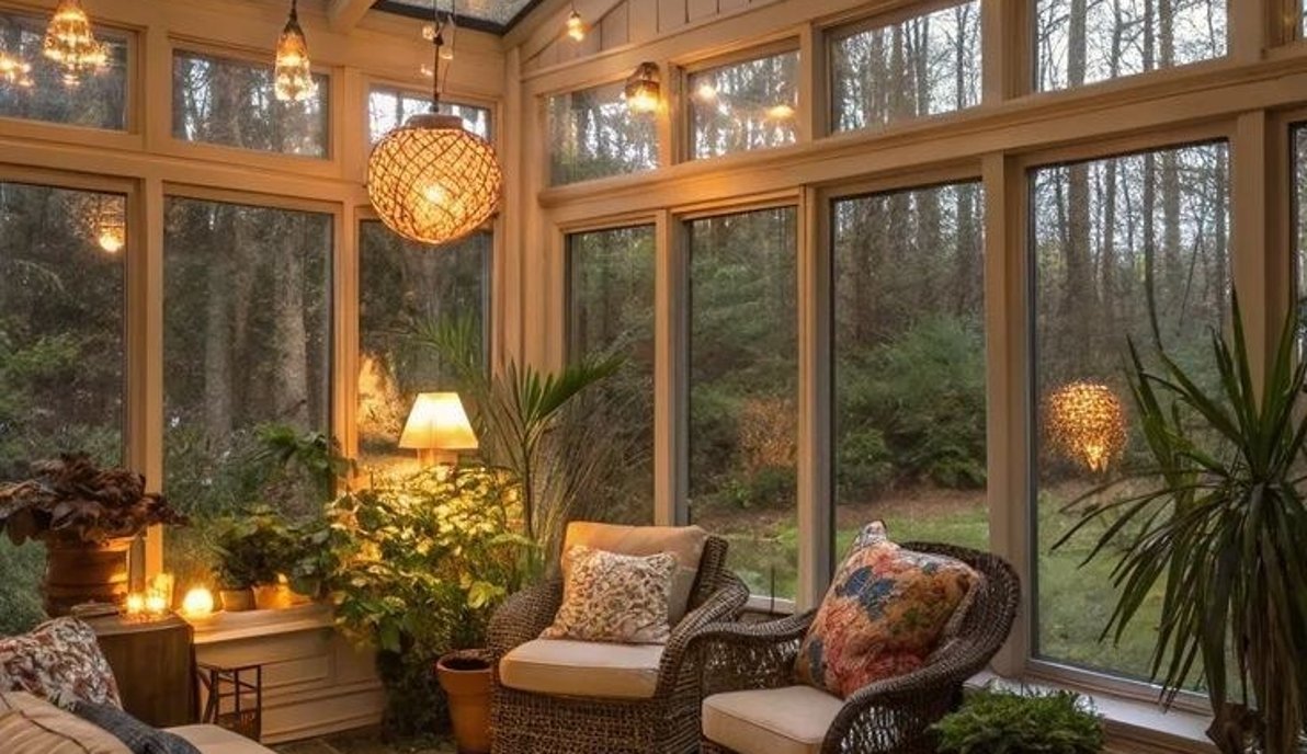Glass roof sunroom interior with warm daylight