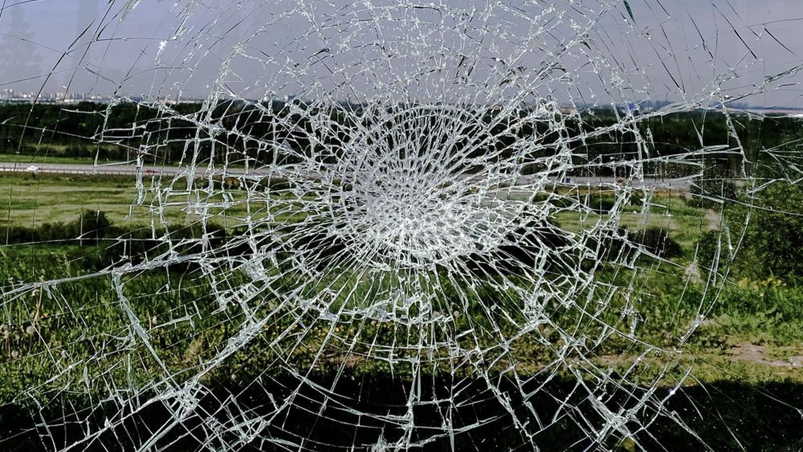 Cracked glass with the cracks radiating from the impact point, the pane still in place