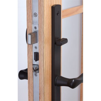 Black multi-point lock set on a timber interior
