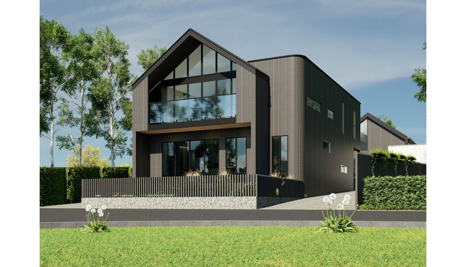 A graphite gabled villa with a double-height glazed gable, warm interior light and a landscaped front garden