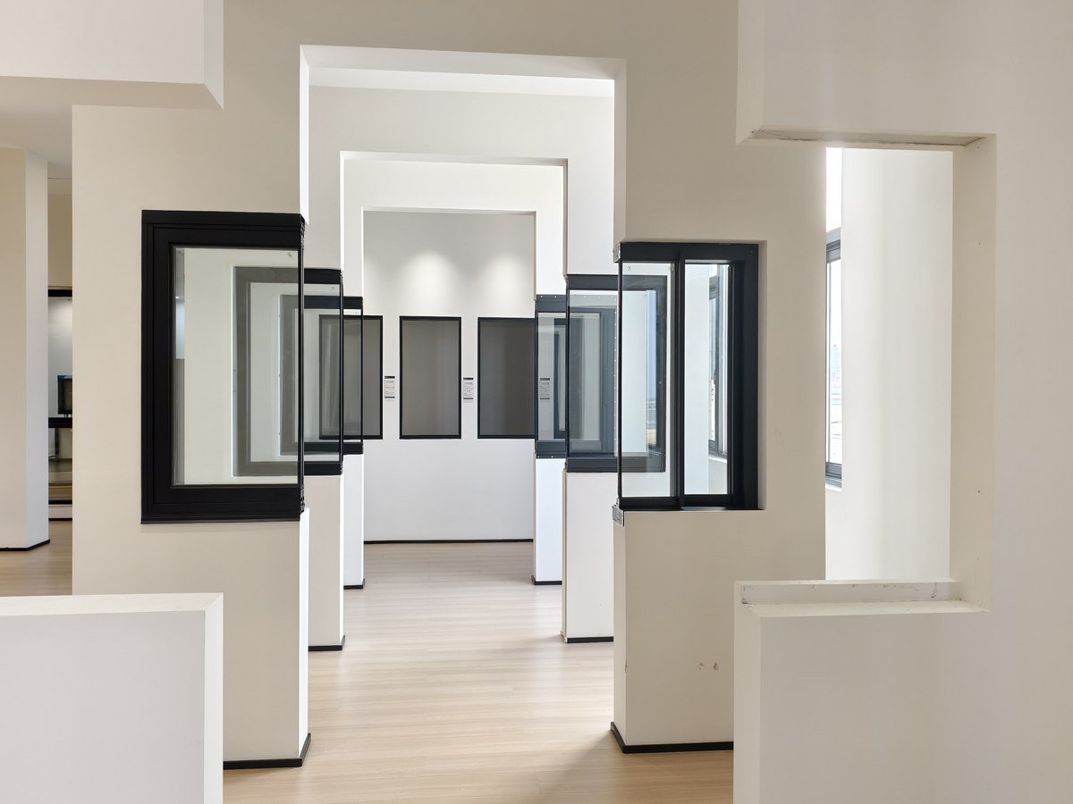Black-framed door and window units ranged along the showroom wall