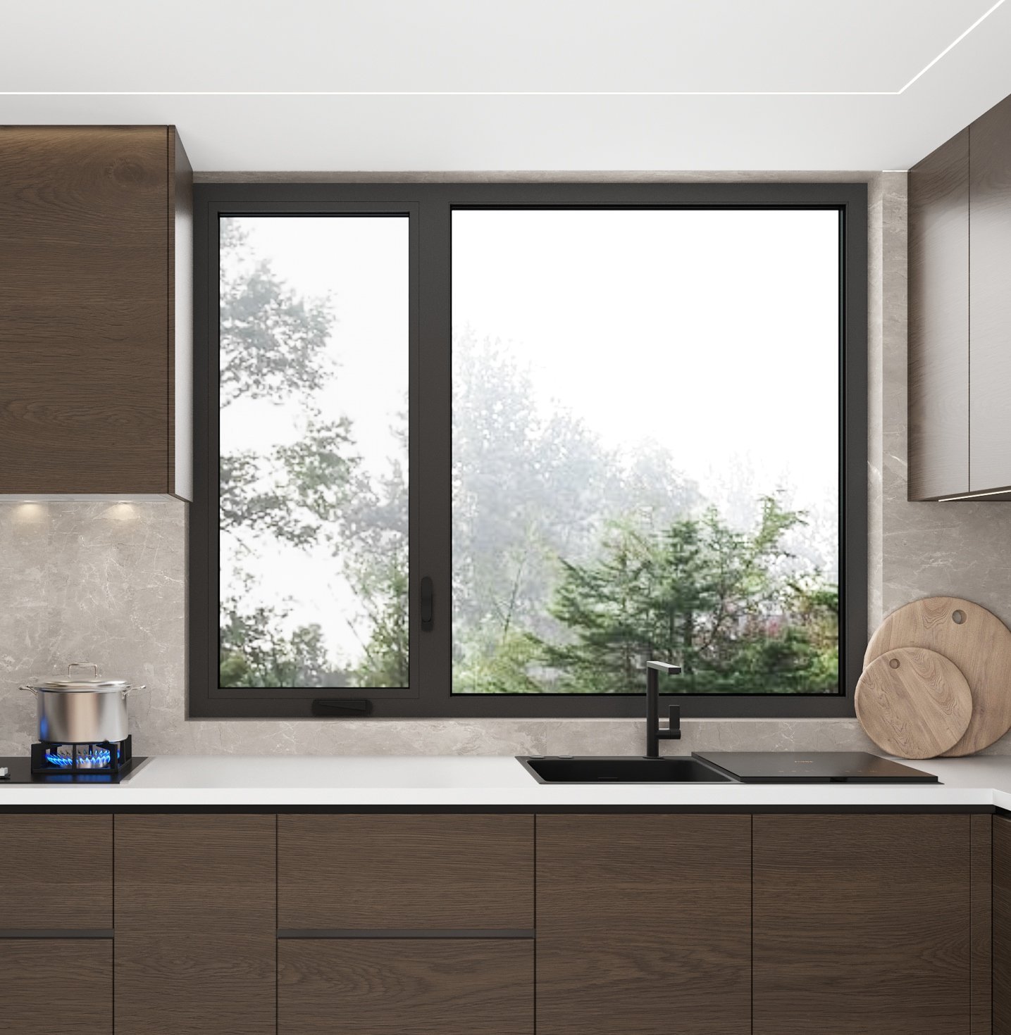 Top-hung crank awning window in a kitchen elevation (design rendering)