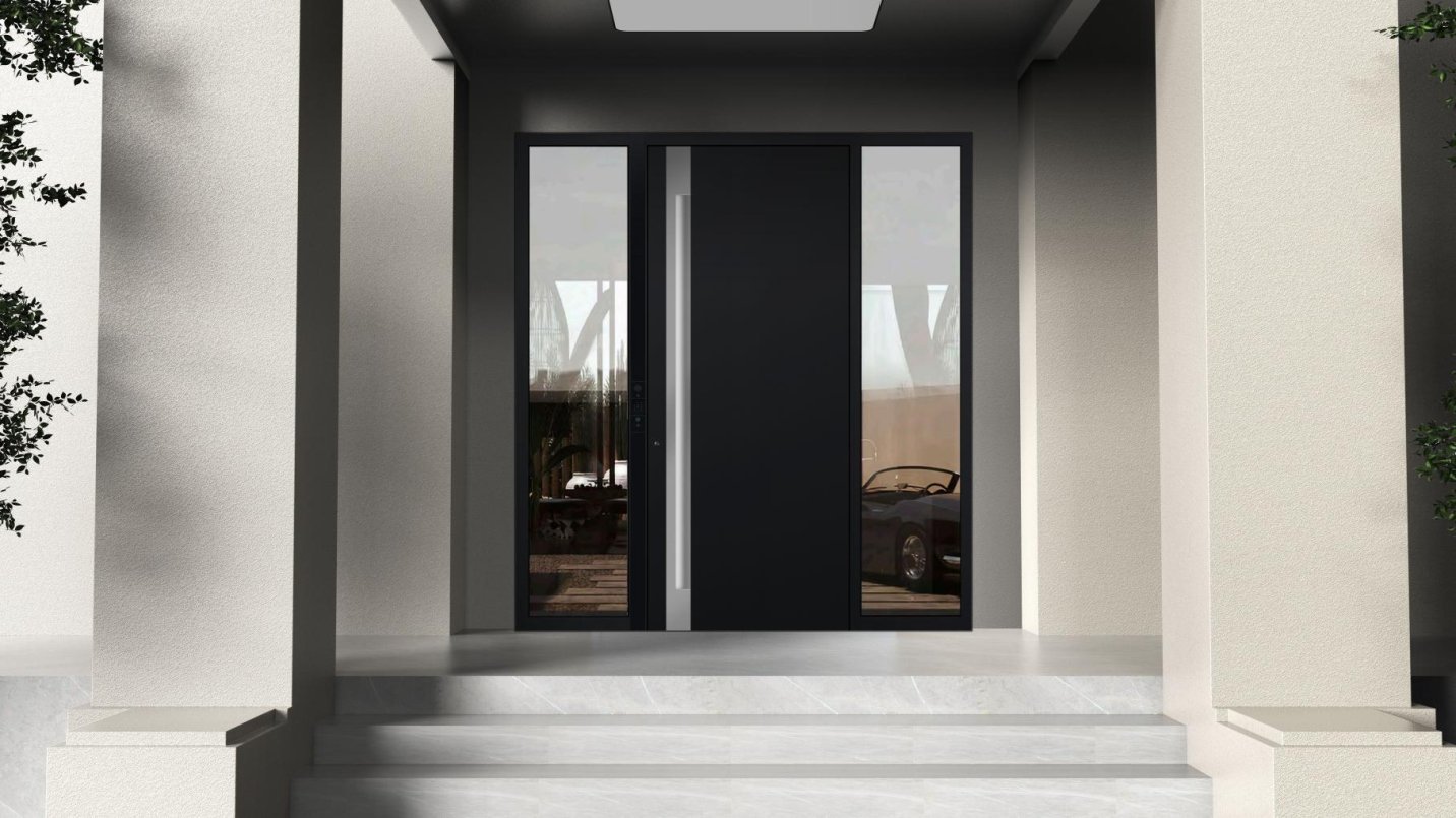 Solid aluminium entry door with fluted sidelight on a stone residential porch (design rendering)