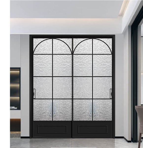 Full glass hinged double doors in a modern interior