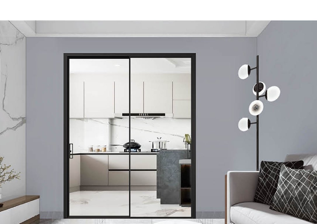 Large lift slide glass wall opening the living room to a terrace