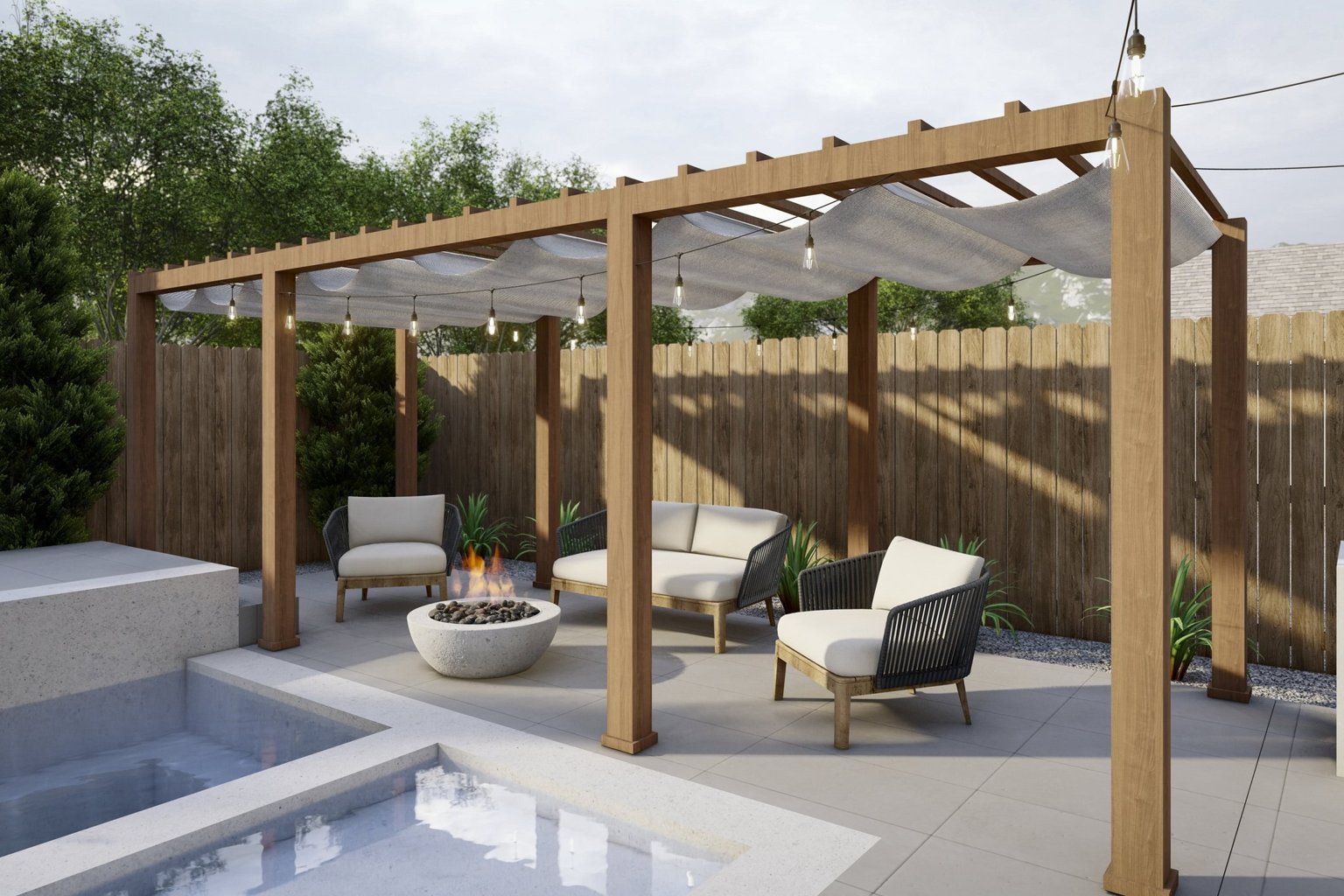 White louvered pergola over a paved terrace beside a modern house