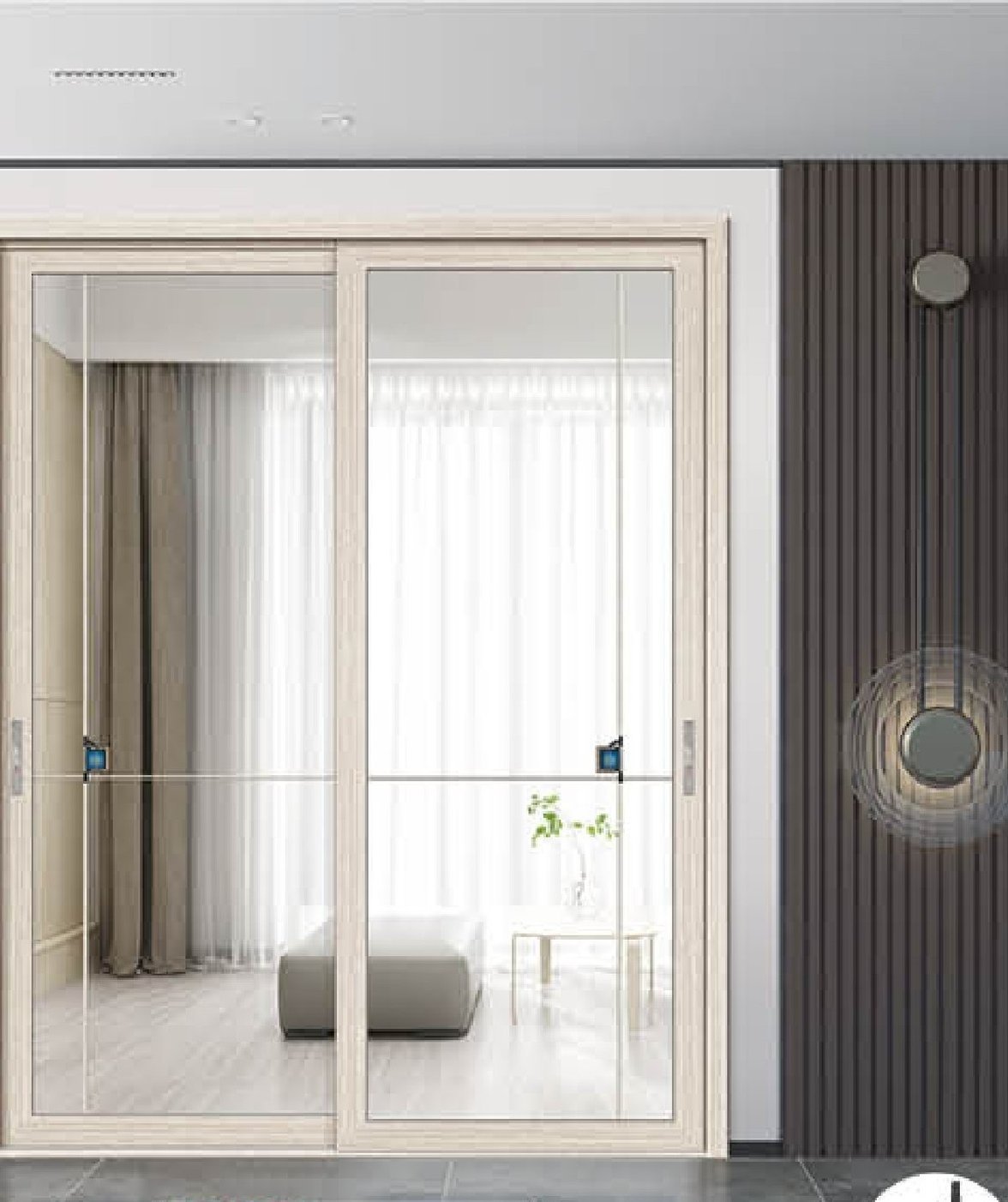 Tall dark-framed full-glass pivot door in a bright minimalist interior