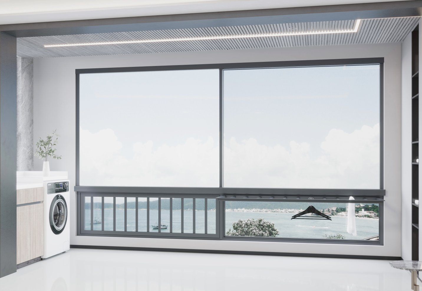 Six-track sliding window set in a bright residential interior (design rendering)