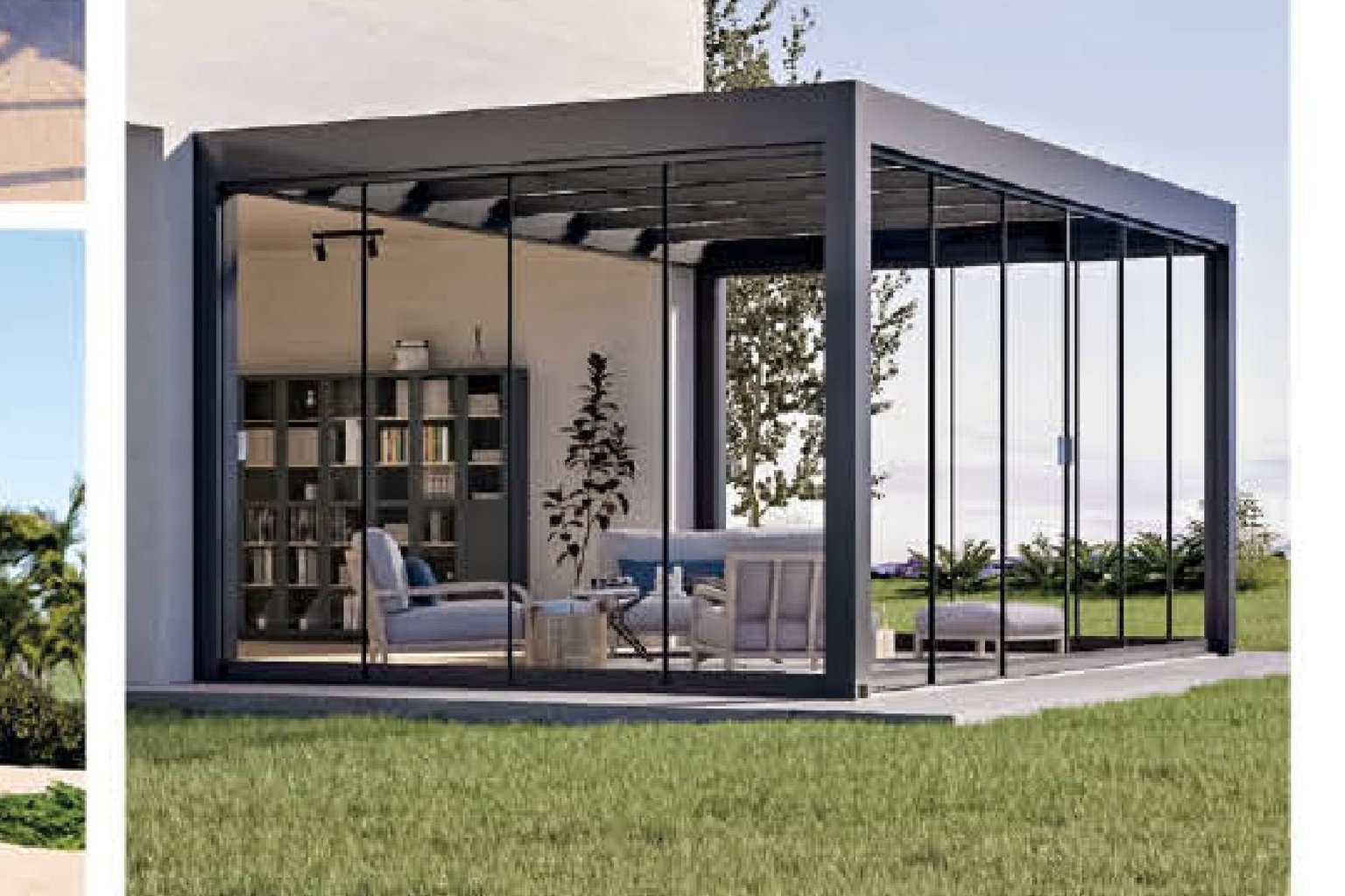 Flat motorized glass skylight over an outdoor pool terrace