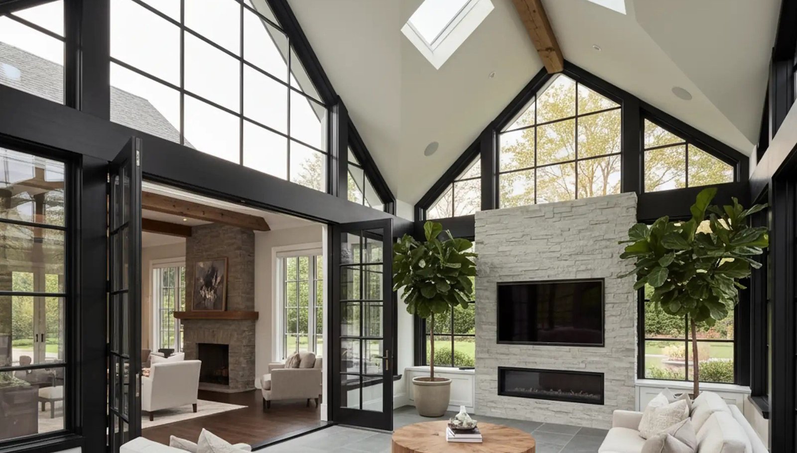 Glass roof sunroom interior with warm daylight