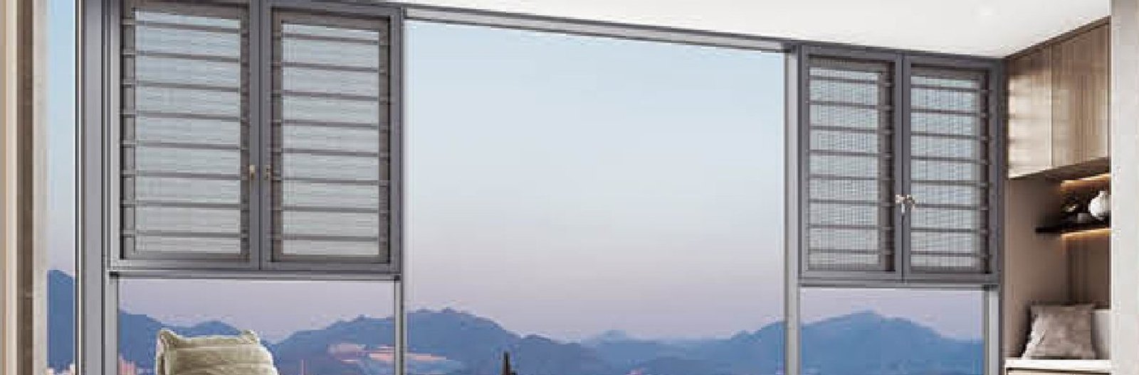 Tilt-and-turn aluminium window in a modern open-plan interior at night