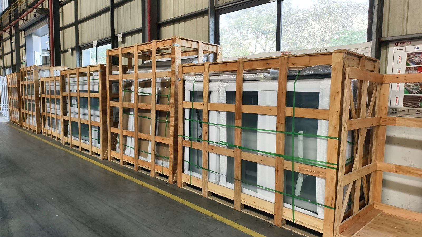 Finished windows standing in a timber crate with internal bracing