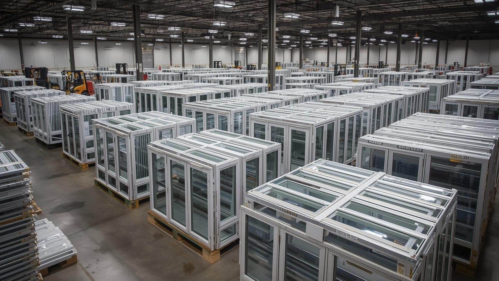 Extruded profile stock staged on the factory floor