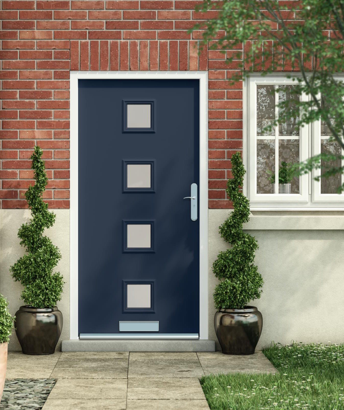 Dark entry door on a white residential façade