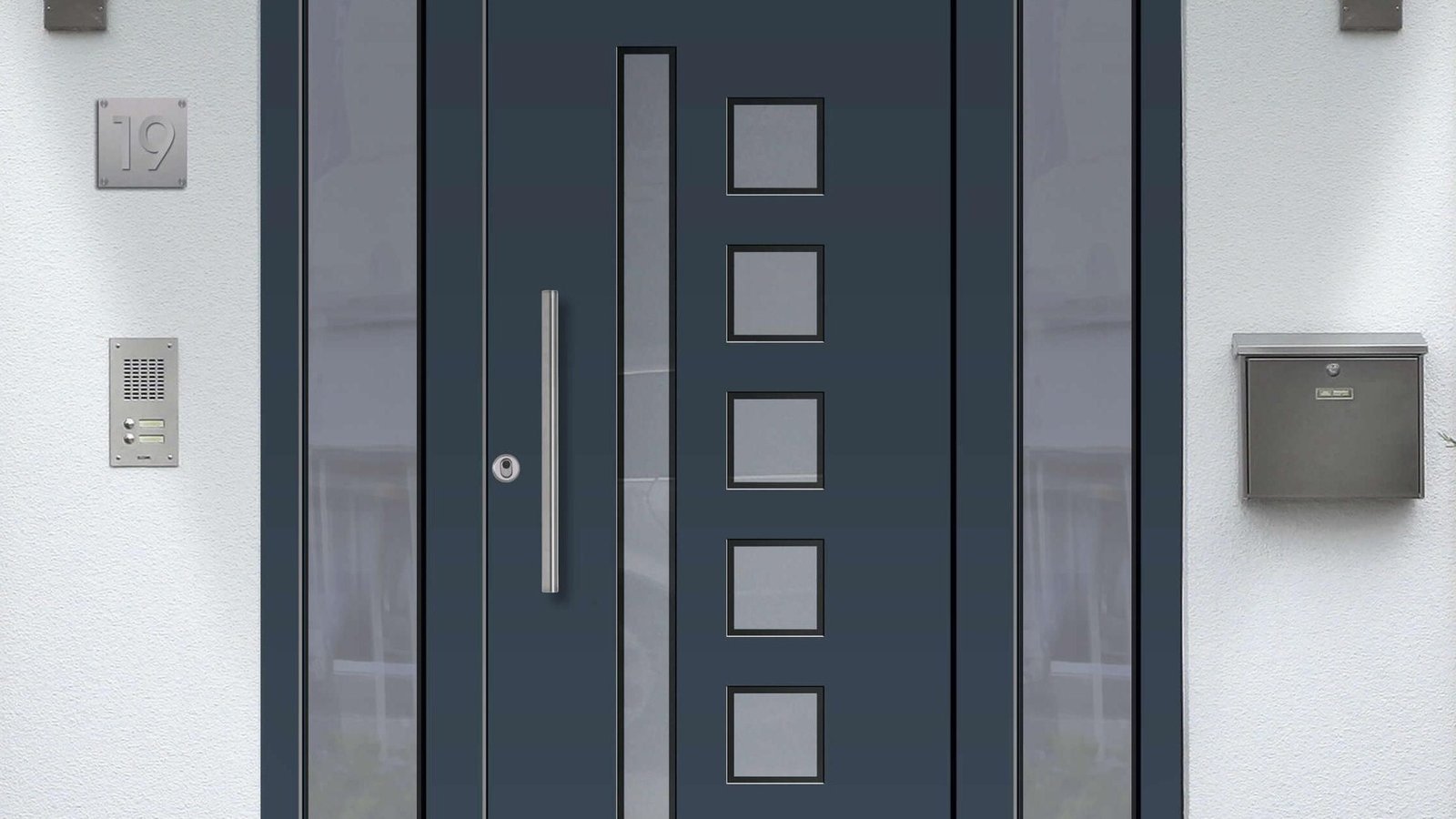 Dark double glazed door on a modern controlled facade