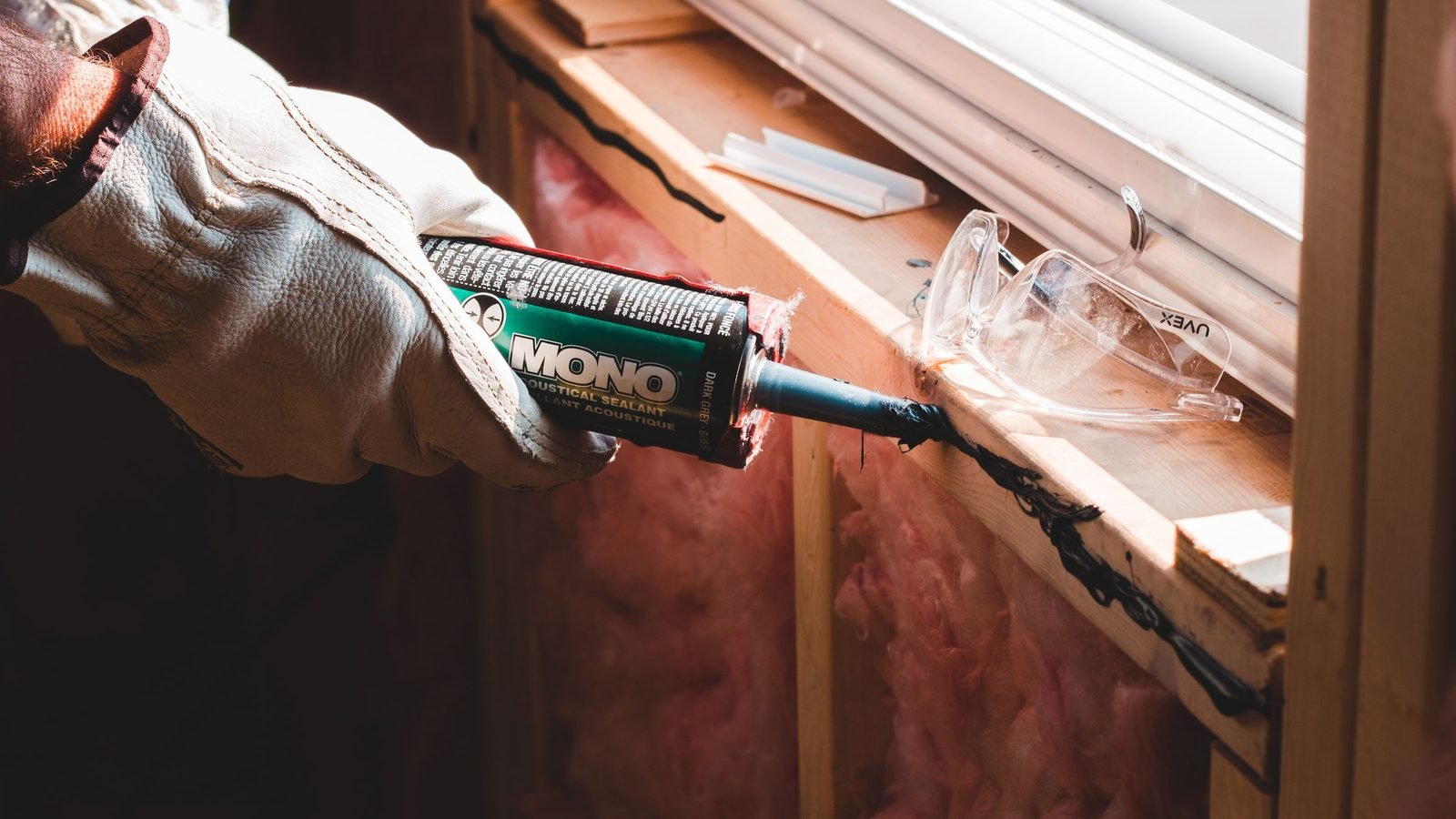 Gloved hand running a sealant bead along the frame-to-wall joint at a window head